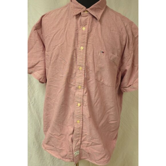 Tommy Hilfiger Denim Mens XXL Red Sun Washed Button Up Short Sleeve Denim Shirt - Picture 1 of 13